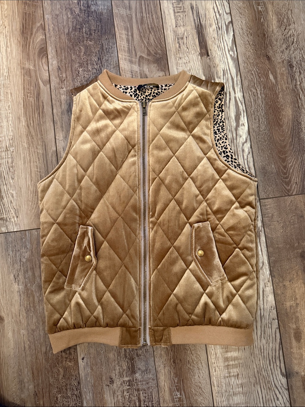 Quilted Velvet Vest in Tan with Leopard Lining